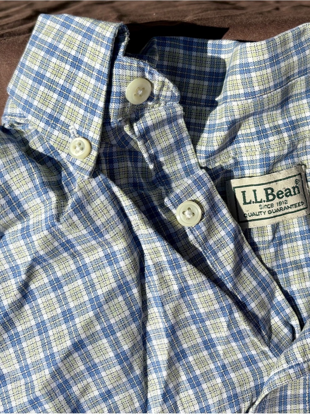L.L. Bean Light Blue and Light Green Plaid Button-Down Shirt